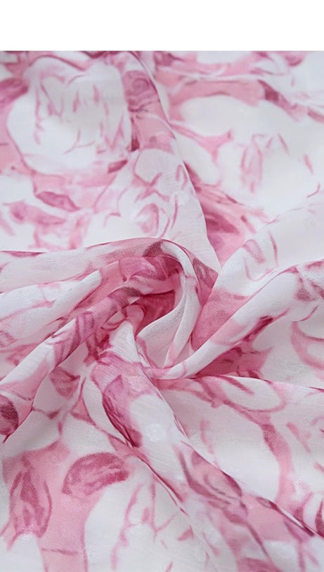 PINK FLORAL PRINT MIDI DRESS WITH CONTRAST COLLAR AND BELT