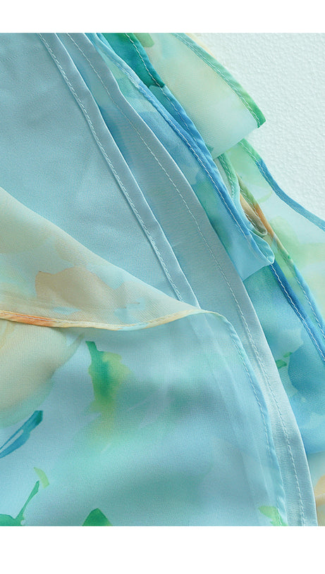 BLUE - GREEN FLORAL CHIFFON MAXI DRESS WITH BELTED WAIST