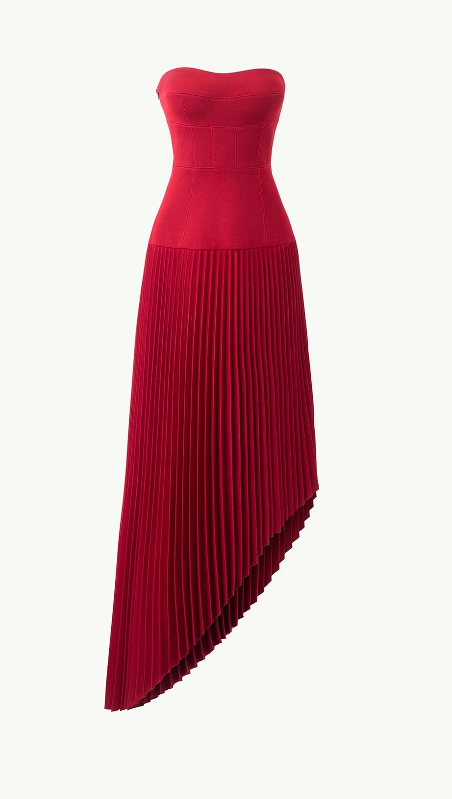 ABITO MIDI ASIMMETRICO CON PLISSETTE E SPAGHETTI IN ROSSO