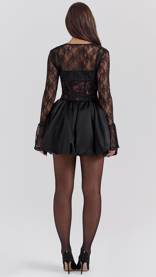 AIIZIE SALLY LACE PUFFBALL MINI DRESS IN BLACK - product image
