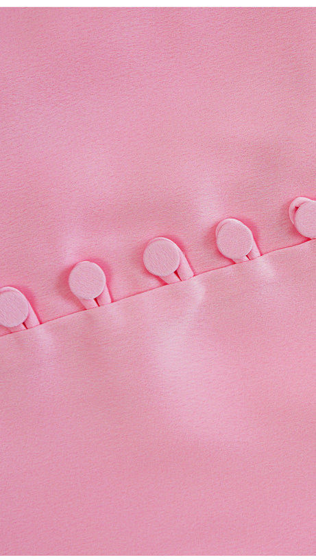 PINK SATIN MAXI DRESS WITH V NECK AND BUTTON FRONT