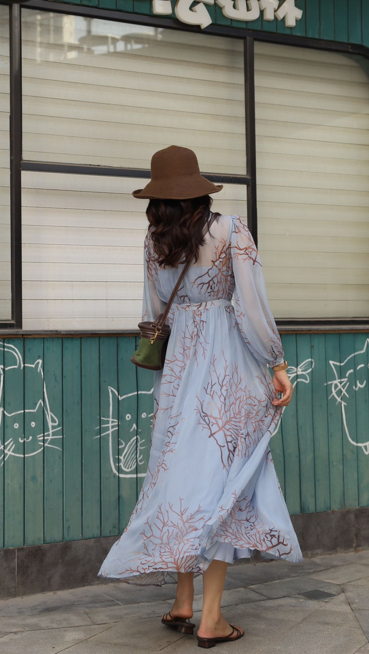 AIIZIE LIGHT BLUE CHIFFON MAXI DRESS WITH TREE PRINT MAXI DRESS - product image