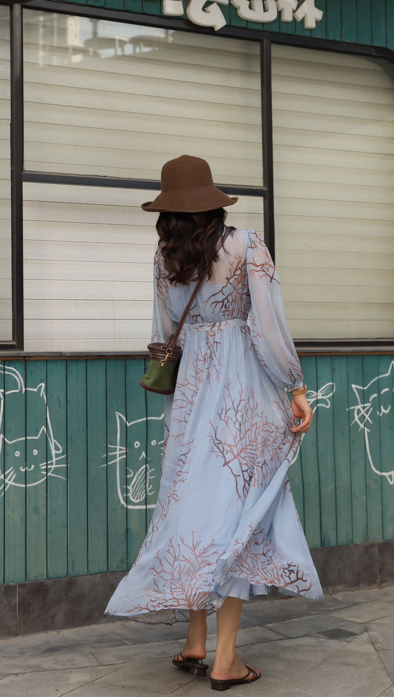 LIGHT BLUE CHIFFON MAXI DRESS WITH TREE PRINT MAXI DRESS
