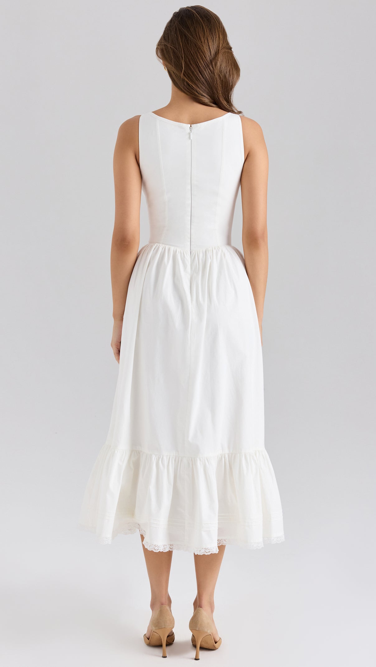 AIIZIE WHITE STRETCH COTTON BOW LACE UP MIDI DRESS - product image
