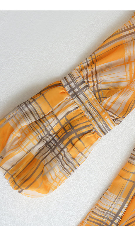 YELLOW PLAID LONG DRESS WITH BELTED WAIST AND FLARED SLEEVES