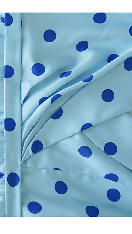 LIGHT BLUE POLKA DOT WRAP DRESS WITH PLEATED SKIRT