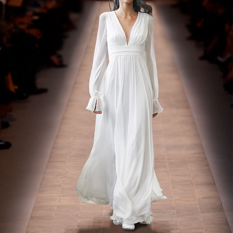 ELEGANT WHITE MAXI DRESS WITH V - NECK AND SHEER SLEEVES