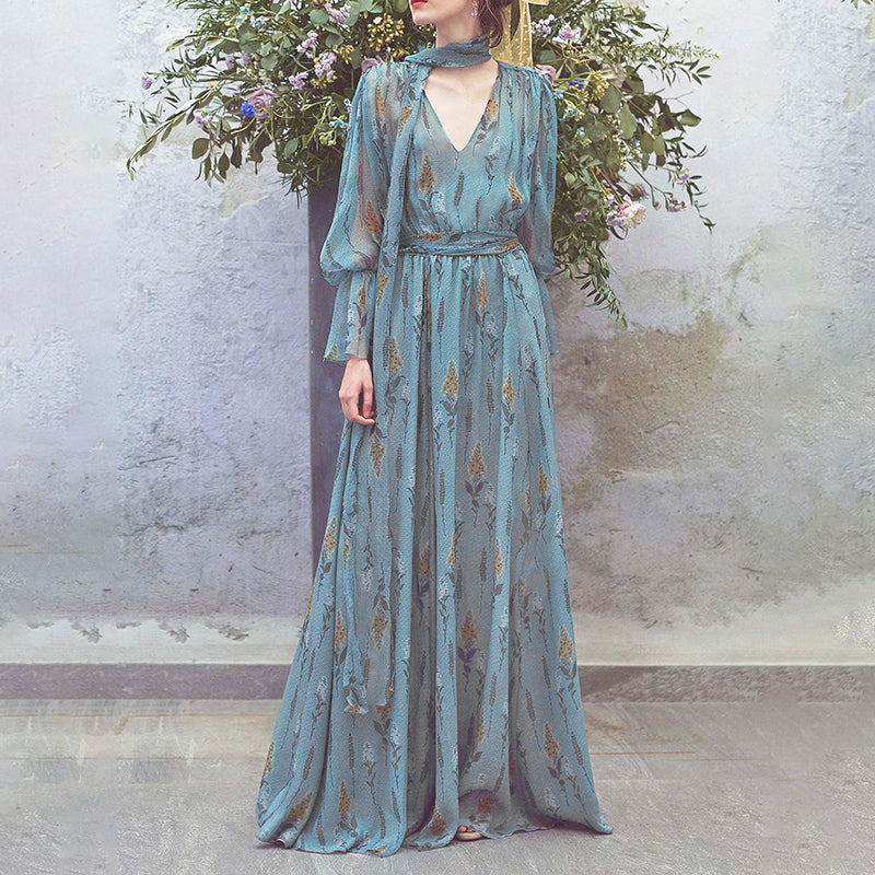 BLUE FLORAL CHIFFON MAXI DRESS WITH TIE - NECK AND BELT