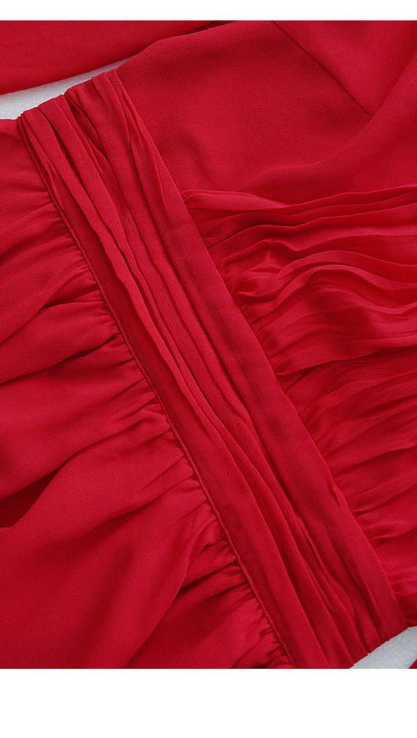 AIIZIE RED CHIFFON ASYMMETRIC MIDI DRESS WITH PLEATED DETAIL - product image