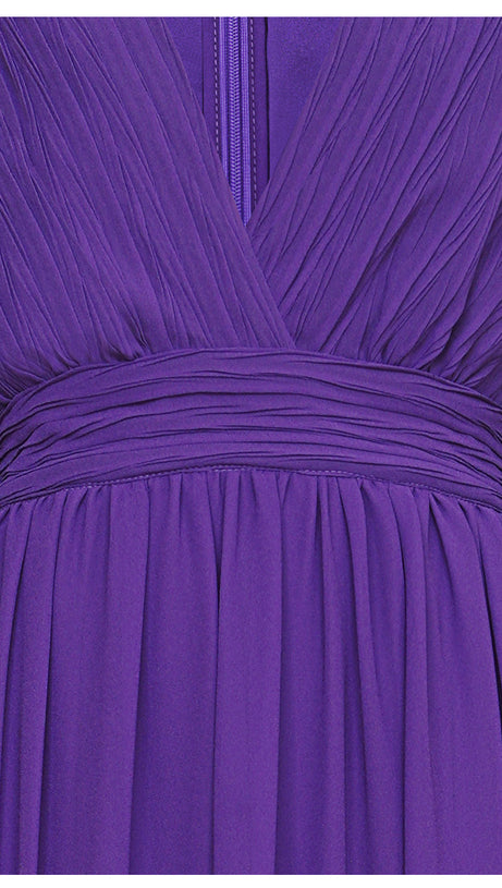 PURPLE CHIFFON LONG DRESS WITH SHEER SLEEVES AND WAIST PLEATS