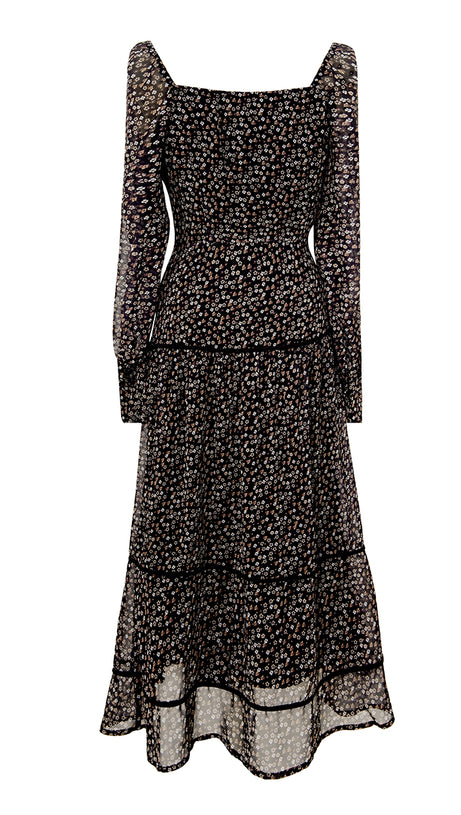 ABITO MIDI A BALZE CON MANICHE TRASPARENTI E FLOREALI NERI