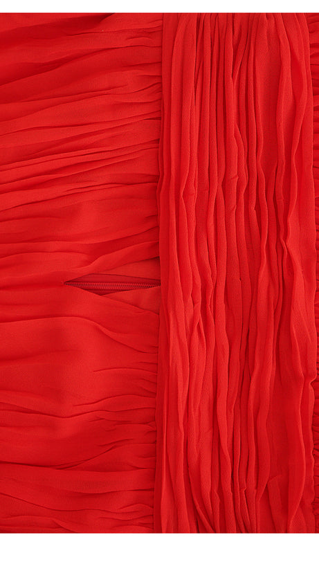 RED CHIFFON MAXI DRESS WITH SHEER SLEEVES AND CUTOUT