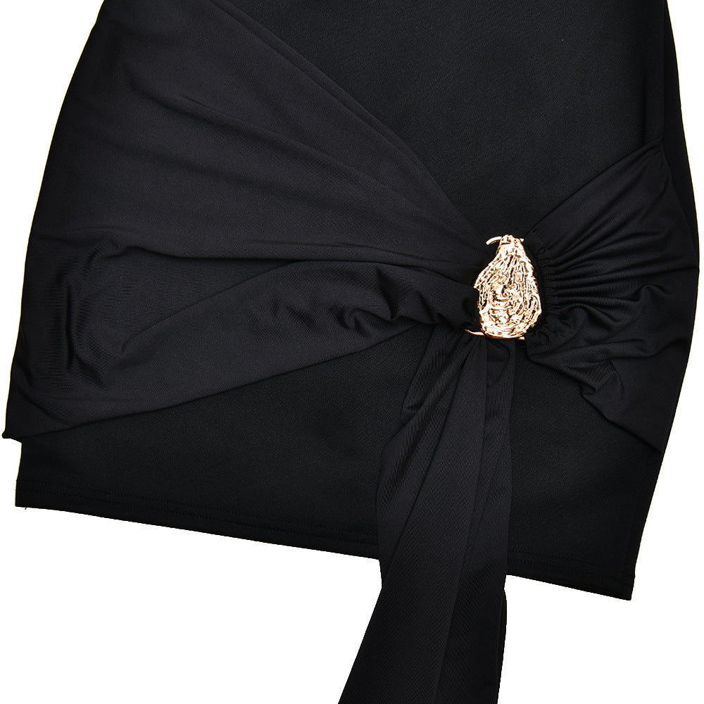 DRAPED EMBELLISHED MINI DRESS - BLACK