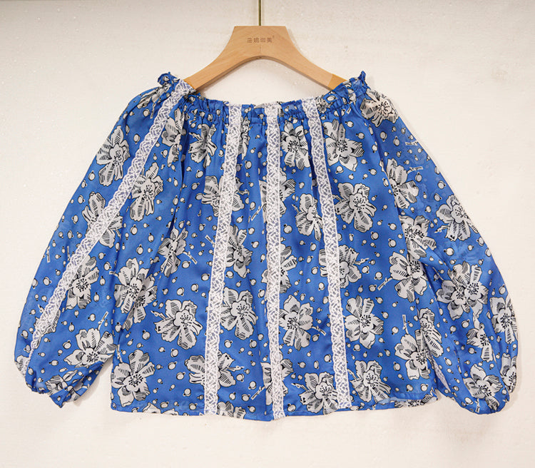 ELEGANT BLUE FLORAL OFF - SHOULDER MAXI DRESS WITH LACE TRIM