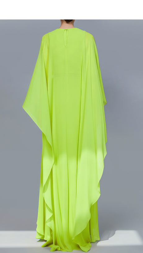NEON GREEN CHIFFON MAXI DRESS WITH CAPE SLEEVES AND PLUNGE NECKLINE