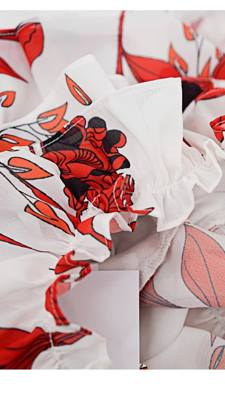 WHITE RED FLORAL OFF - SHOULDER TIERED MAXI DRESS