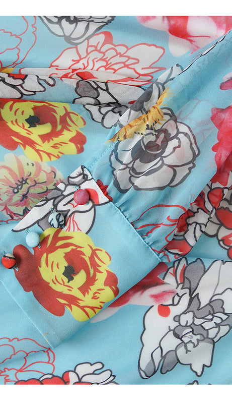 BLUE FLORAL PRINT V - NECK MAXI DRESS WITH RED BELT