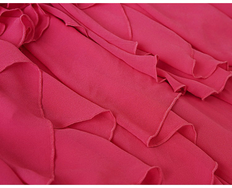 PINK CHIFFON RUFFLED MAXI DRESS WITH HIGH NECKLINE