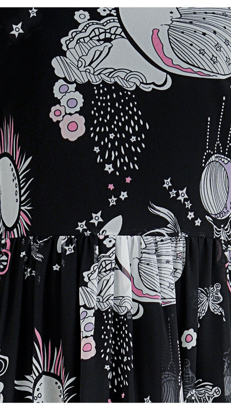 BLACK MAXI DRESS WITH SHEER SLEEVES AND FANTASY PRINTS