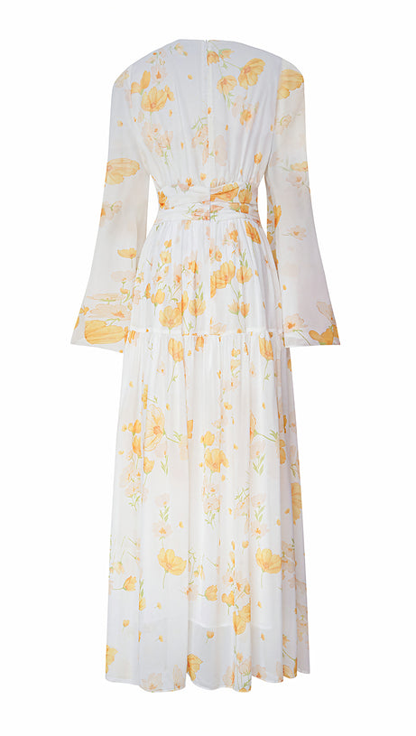 YELLOW FLORAL PRINT WRAP V - NECK MAXI DRESS WITH BELL SLEEVES