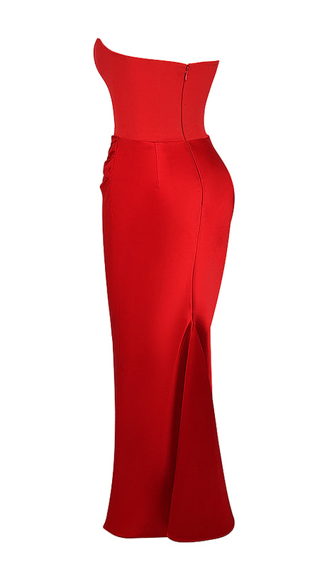RED VELVET STRAPLESS CORSET MAXI DRESS