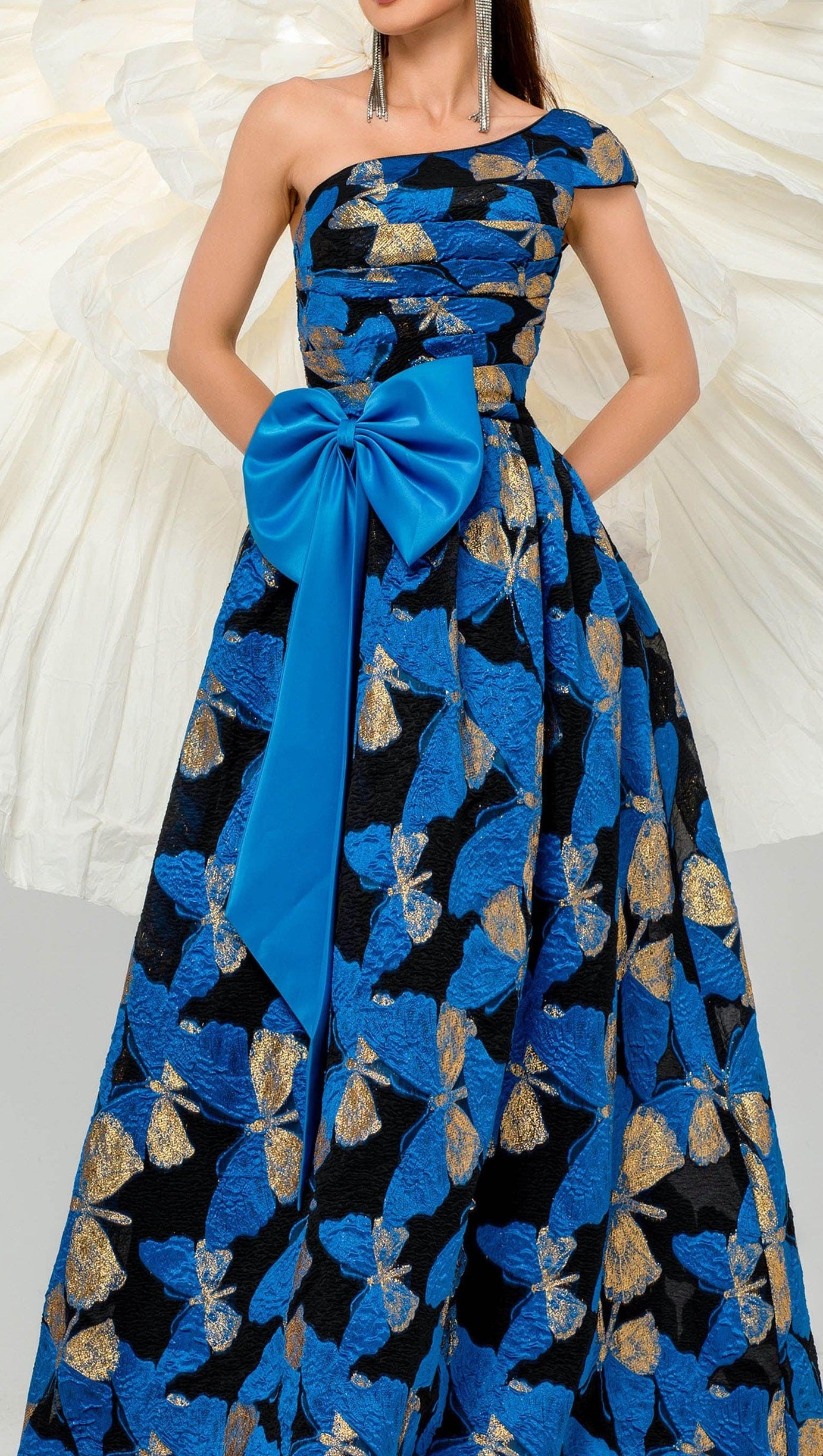 PLEATED JACQUARD BOW FLORAL A-LINE DRESS