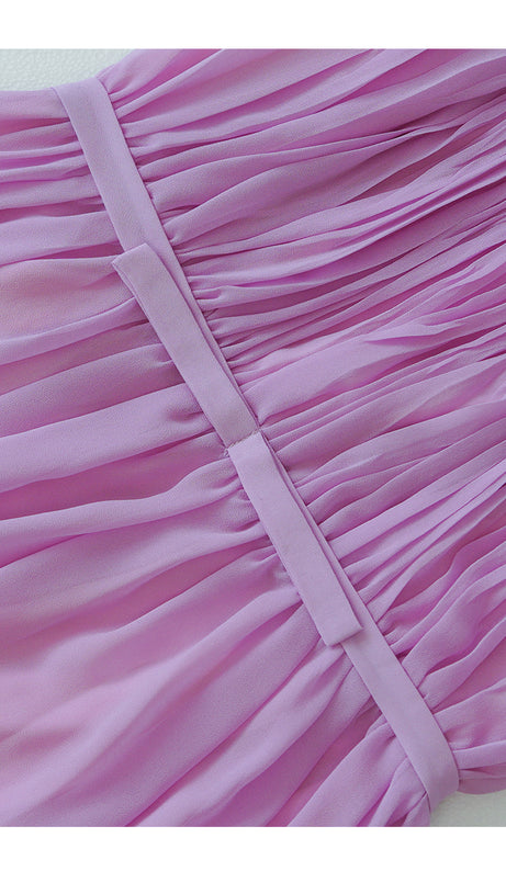 ELEGANT LILAC MAXI DRESS WITH BOW BELT AND PLEATED BODICE