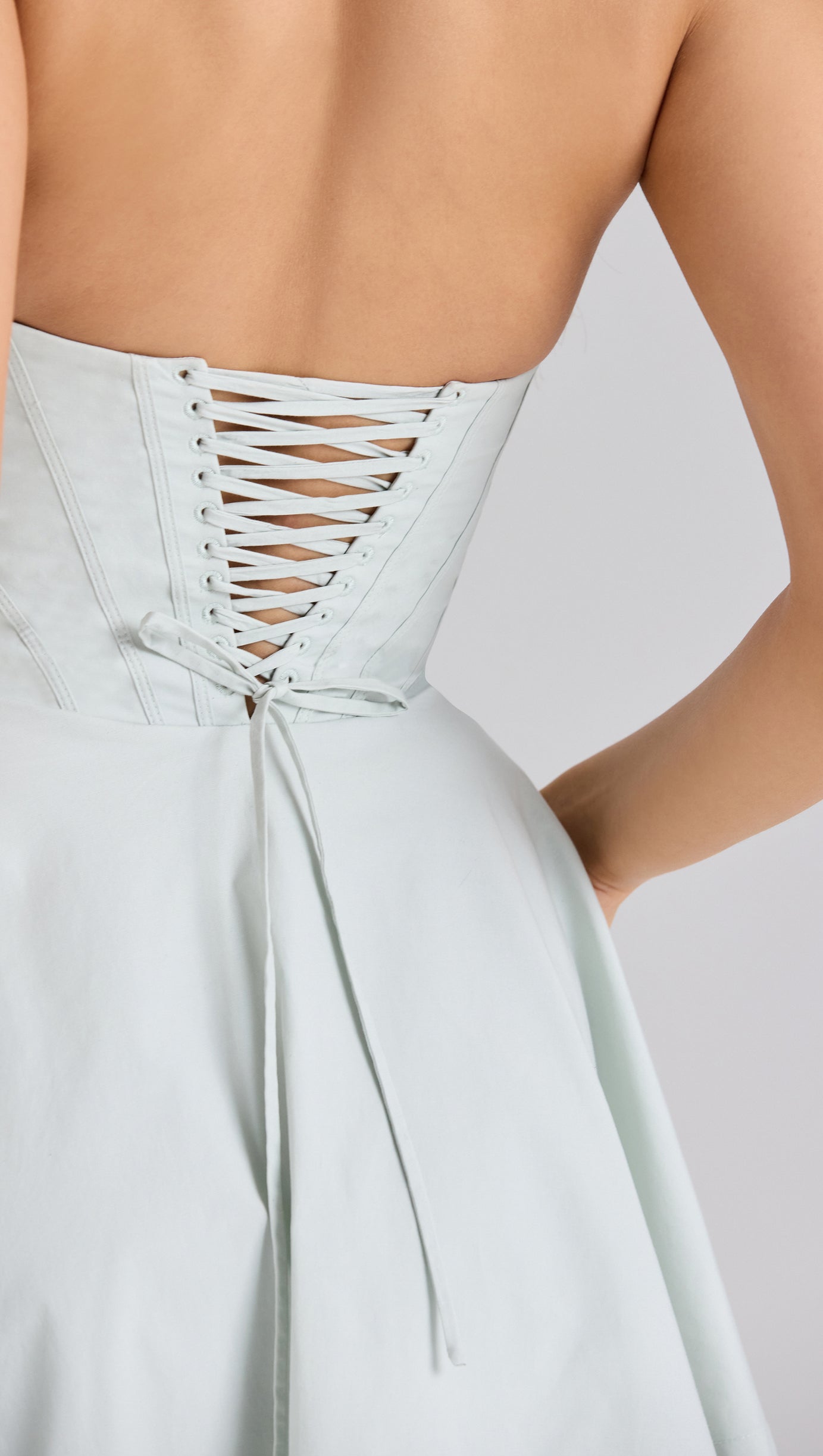 GREEN PISTACHIO STRETCH COTTON HALTER NECK MINI DRESS