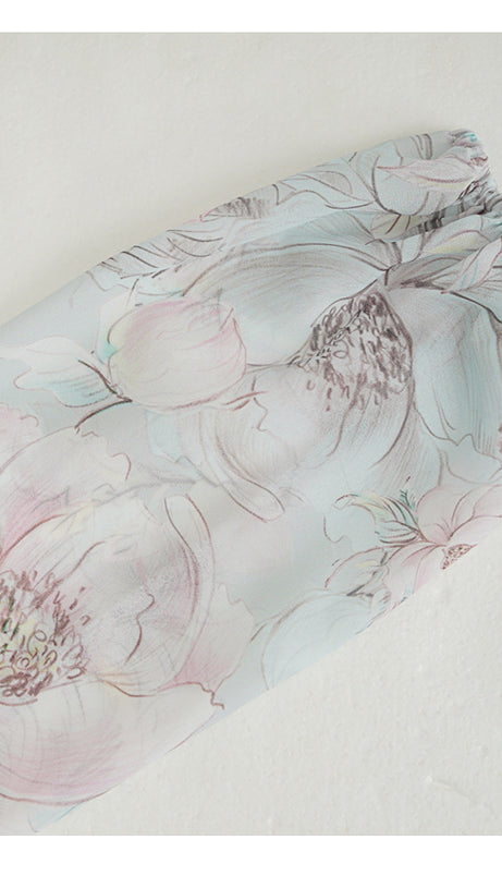 ELEGANT FLORAL PLEATED LONG DRESS WITH SHEER SLEEVES