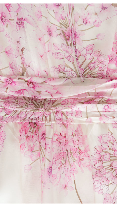 PINK FLORAL CHIFFON MAXI DRESS WITH SHEER SLEEVES