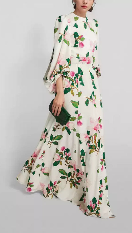 ELEGANT FLORAL PRINT  WITH PUFF SLEEVES MAXI DRESS