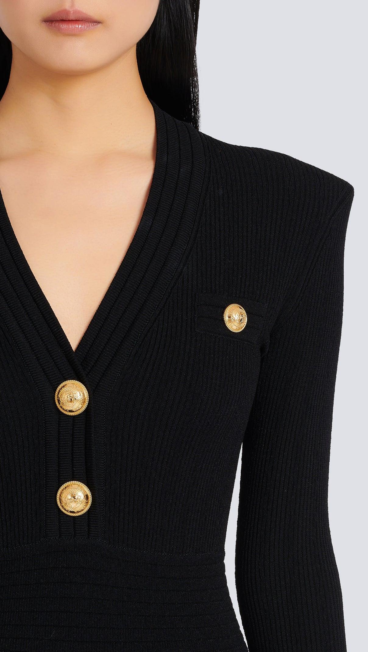 AIIZIE TARA BLACK SHORT KNITTED MINI DRESS WITH GOLD BUTTONS - product image