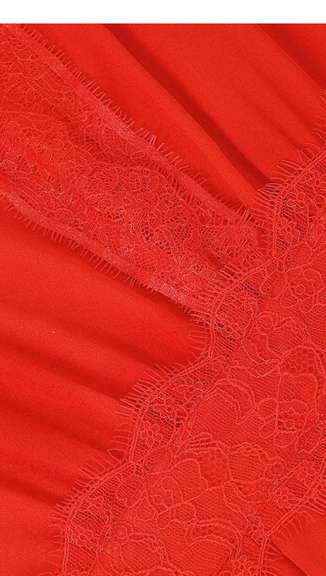 ELEGANT RED MAXI DRESS WITH SHEER LACE V - NECK