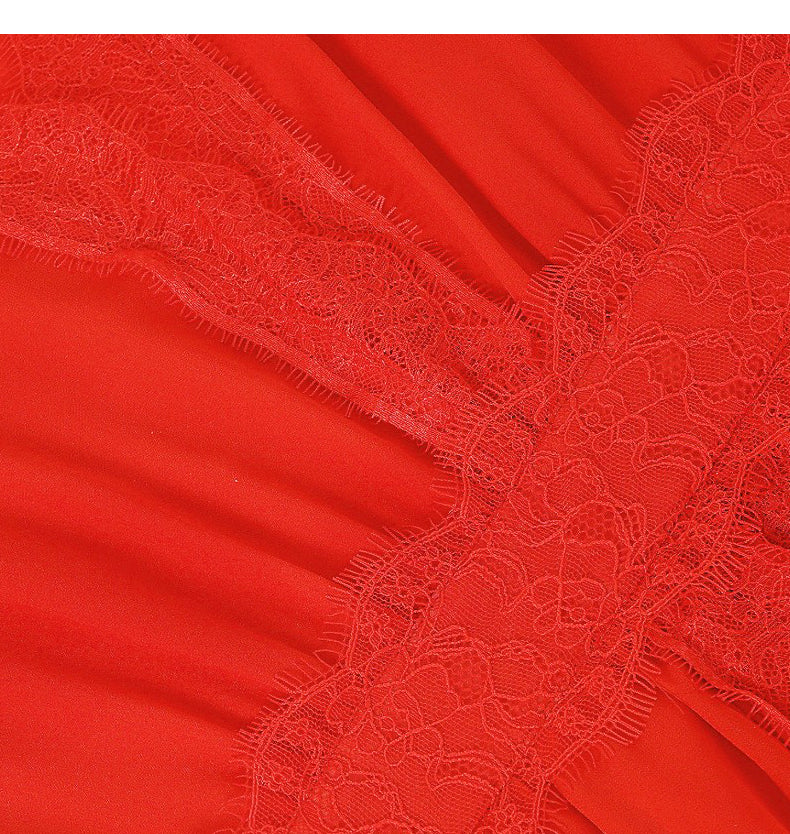 AIIZIE ELEGANT RED MAXI DRESS WITH SHEER LACE V - NECK - product image