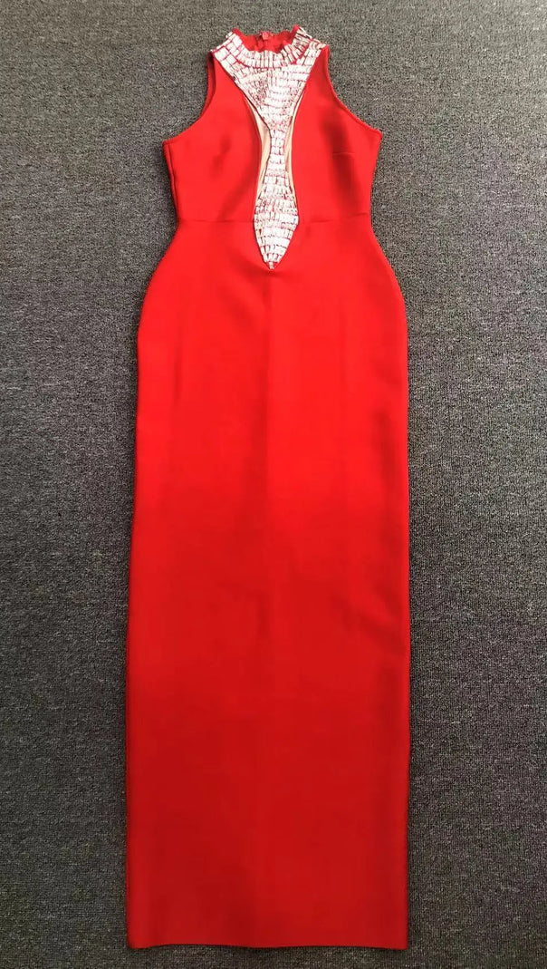 RHINESTONE BANDAGE MAXI DRESS IN RED