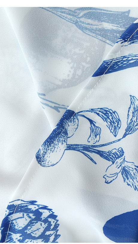 WHITE MAXI DRESS WITH BLUE VEGETABLE PRINTS AND CAP SLEEVES