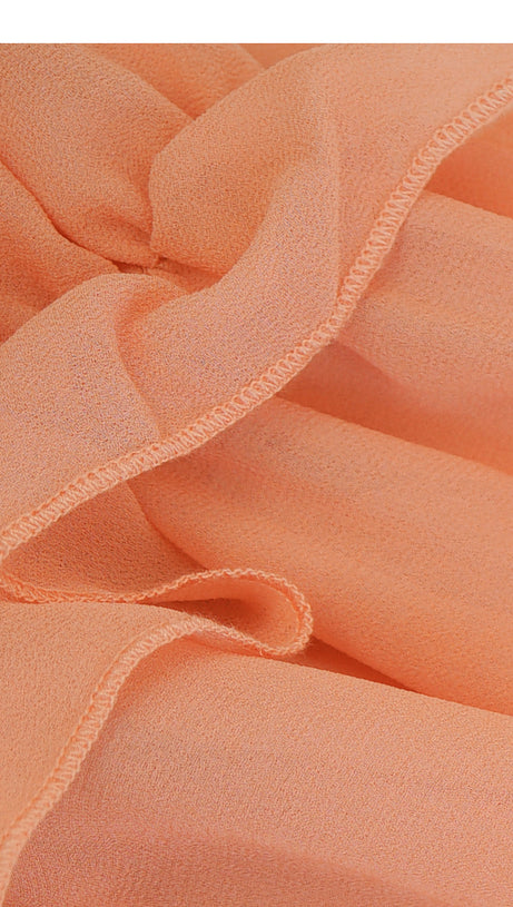 PEACH RUFFLED MAXI DRESS WITH V - NECK AND SHEER SLEEVES