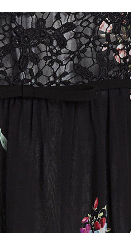 BLACK ELEGANT FLORAL LONG DRESS WITH SHEER SLEEVES AND LACE DETAIL