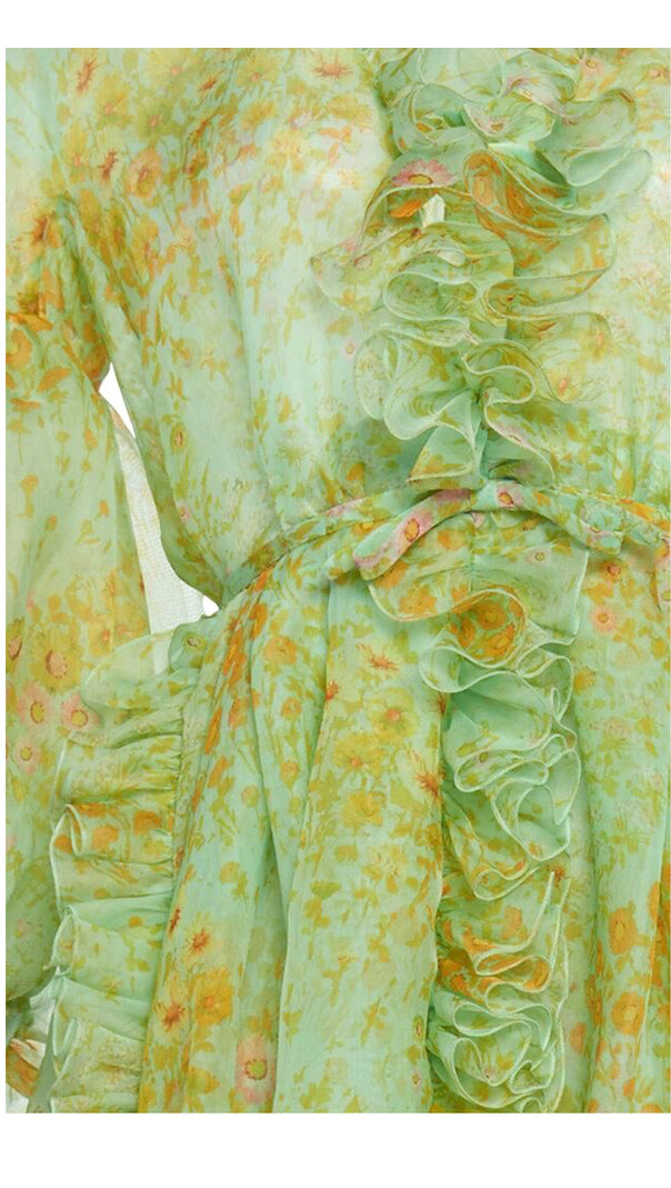 AIIZIE GREEN ELEGANT FLORAL CHIFFON MAXI DRESS WITH RUFFLES AND BELT - product image