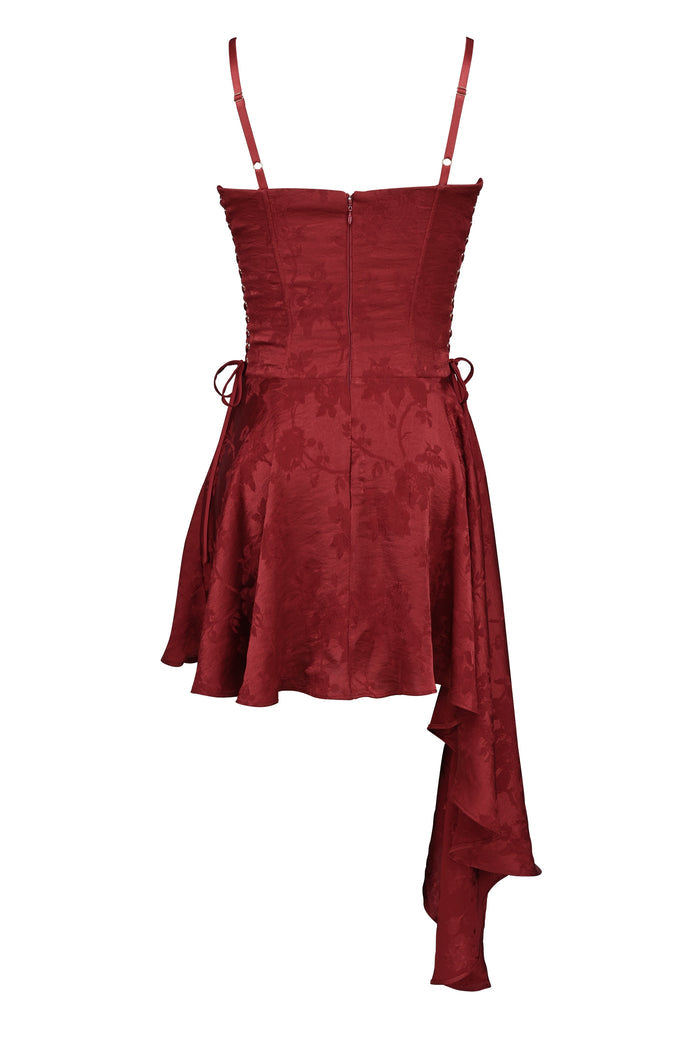 LOLA WINE JACQUARD SATIN DRAPED MINI DRESS[PRE ORDER]