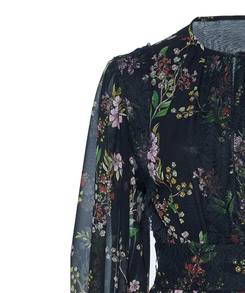 AIIZIE BLACK FLORAL MAXI DRESS WITH SHEER SLEEVES AND LACE DETAILS - product image
