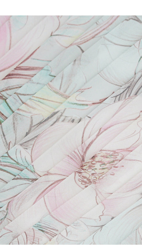 ELEGANT FLORAL PLEATED LONG DRESS WITH SHEER SLEEVES