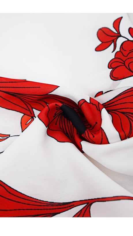 WHITE RED FLORAL OFF - SHOULDER TIERED MAXI DRESS