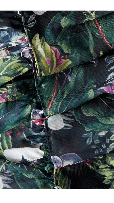 FLORAL PRINT TIERED MAXI DRESS WITH SHEER SLEEVES