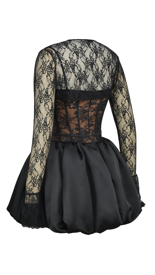 AIIZIE SALLY LACE PUFFBALL MINI DRESS IN BLACK - product image