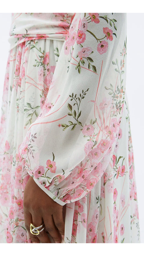 PINK FLORAL CHIFFON MAXI DRESS WITH LONG SLEEVES