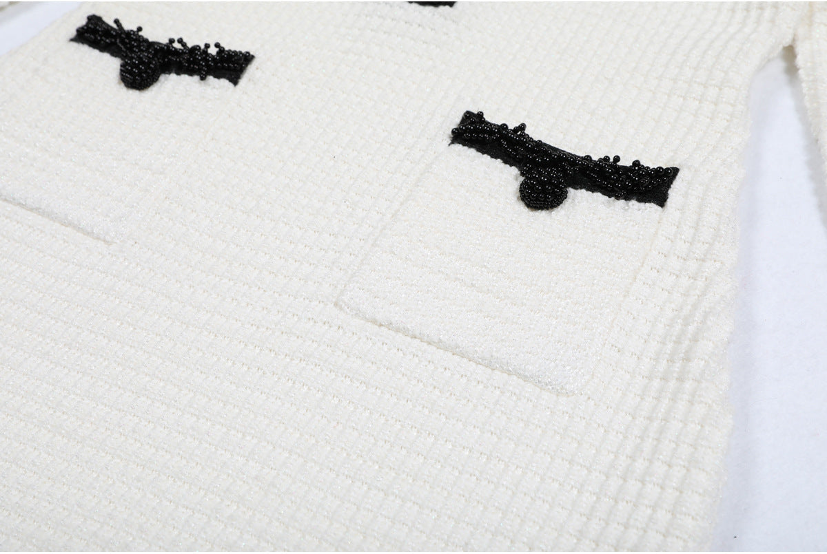 WHITE PEARL TRIM KNIT MINI DRESS