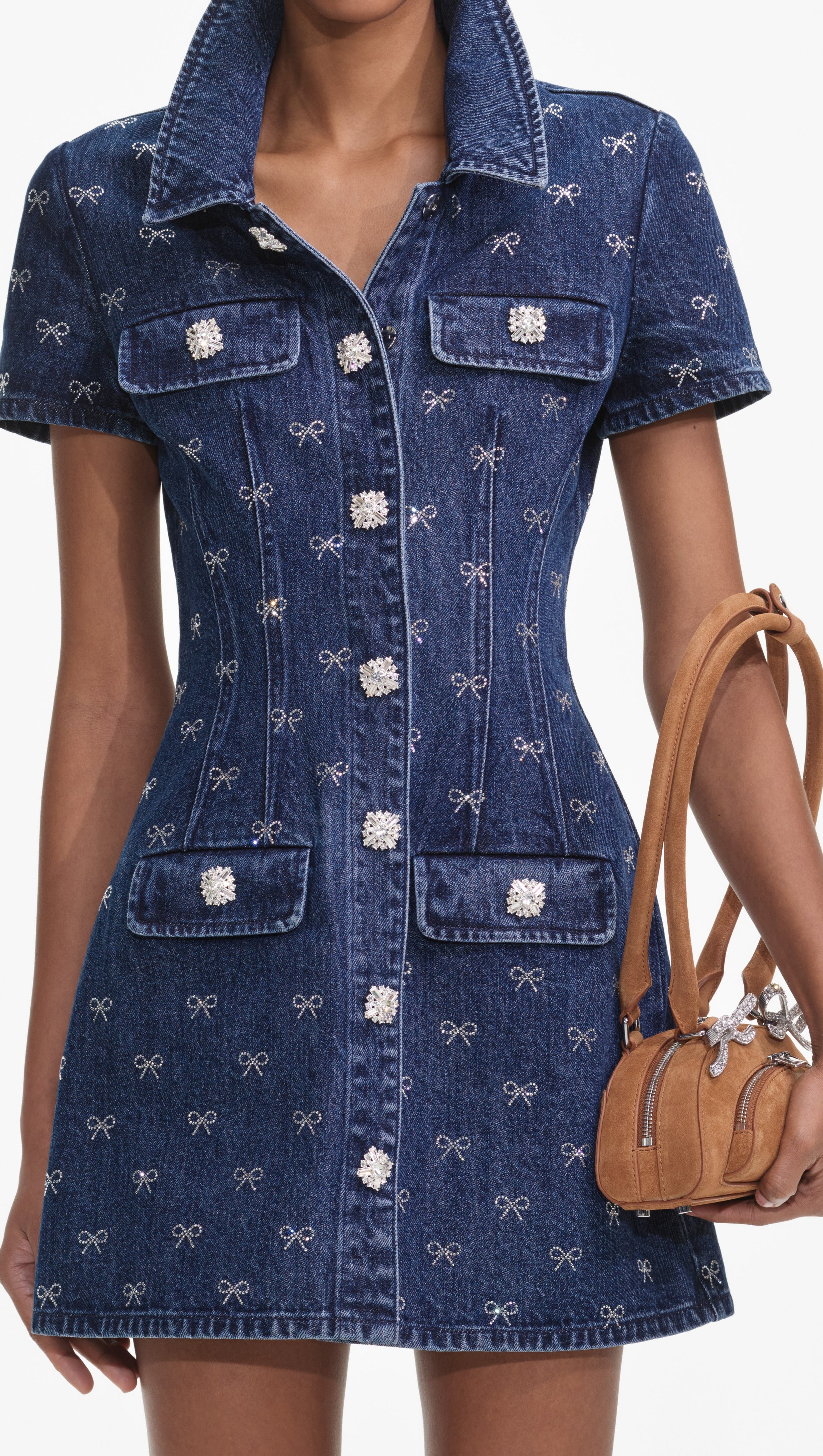 DENIM DIAMANTE BOW COLLARED MINI DRESS