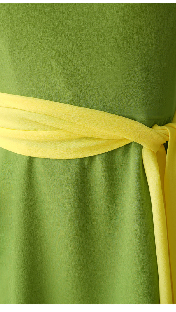 AIIZIE GREEN CHIFFON MAXI DRESS WITH YELLOW BELT AND SHEER SLEEVES - product image
