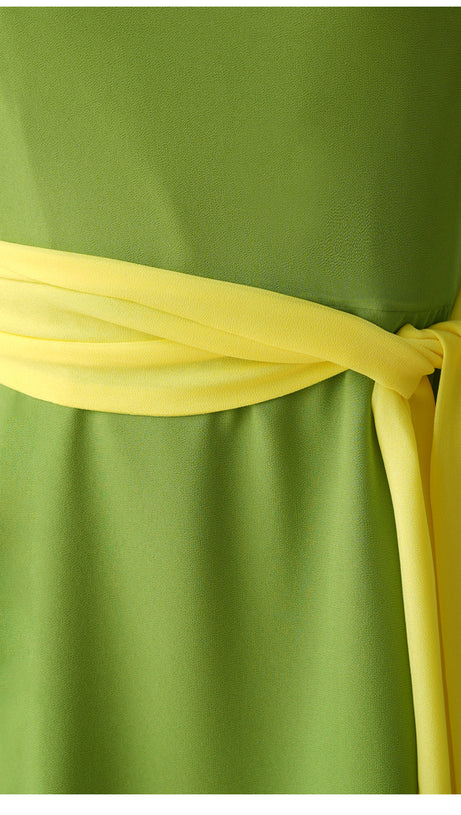 GREEN CHIFFON MAXI DRESS WITH YELLOW BELT AND SHEER SLEEVES